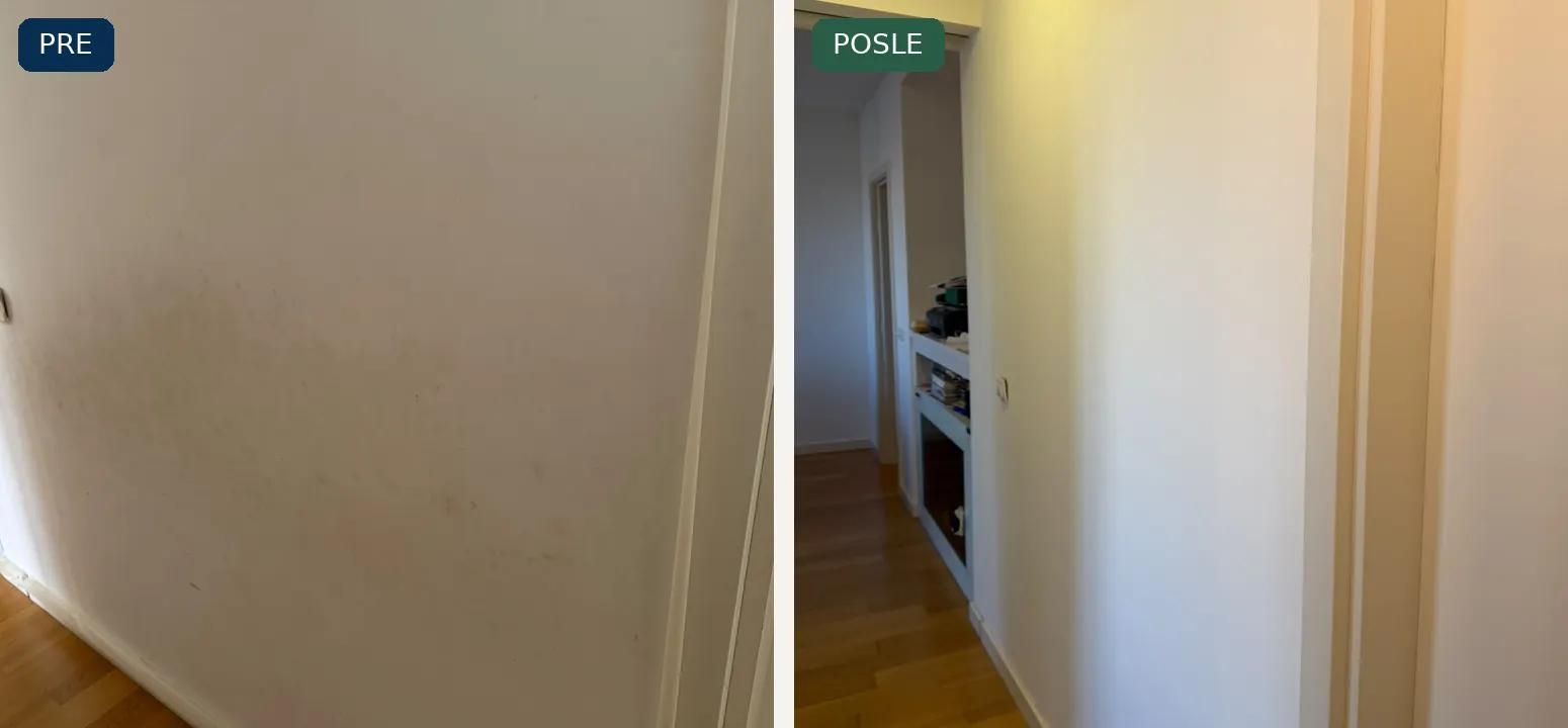 Zaprljan zid hodnika pre rada i čist završni izgled — West 65 · Novi Beograd