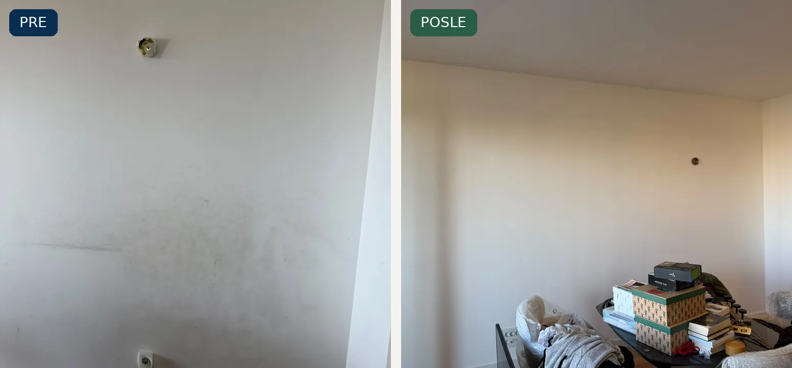 Primer razlike između zamrljane i obnovljene zidne površine — West 65 · Novi Beograd